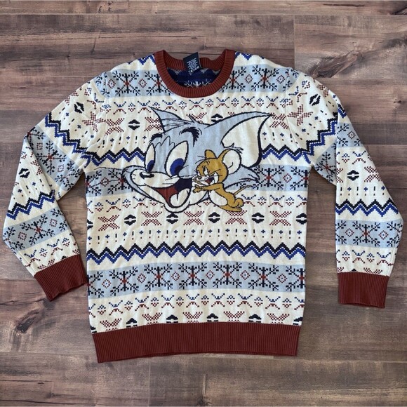 Tom and Jerry Men's Ugly Christmas Sweater Knit Pullover Size Large Cartoon - Picture 1 of 6